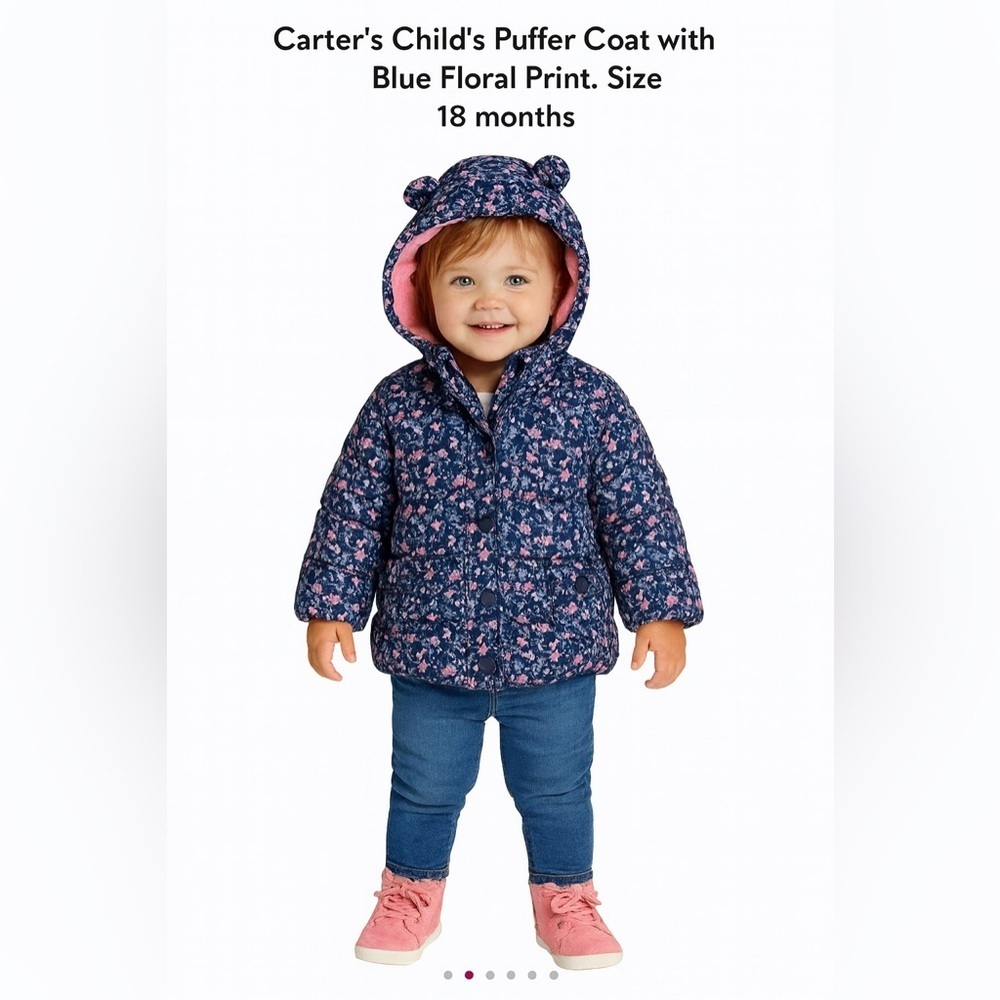 Carters Child’s Puffer Coat with Blue Floral Print. Size 18 months.